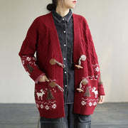 Aesthetic Red knit jacket Loose fitting Loose Deer Print knit outwear - bagstylebliss