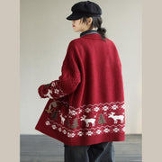 Aesthetic Red knit jacket Loose fitting Loose Deer Print knit outwear - bagstylebliss