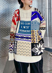 Aesthetic beige ColorBlock Sweater Blouse o neck trendy plus size Winter sweaters - bagstylebliss