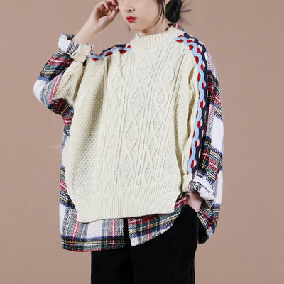 Aesthetic beige plaid sweater tops o neck false two pieces casual knit sweat tops - bagstylebliss