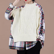 Aesthetic beige plaid sweater tops o neck false two pieces casual knit sweat tops - bagstylebliss