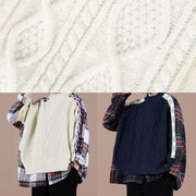 Aesthetic beige plaid sweater tops o neck false two pieces casual knit sweat tops - bagstylebliss