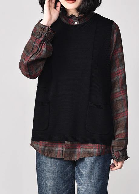 Aesthetic black sweater coat plussize sleeveless knit sweat tops o neck - bagstylebliss