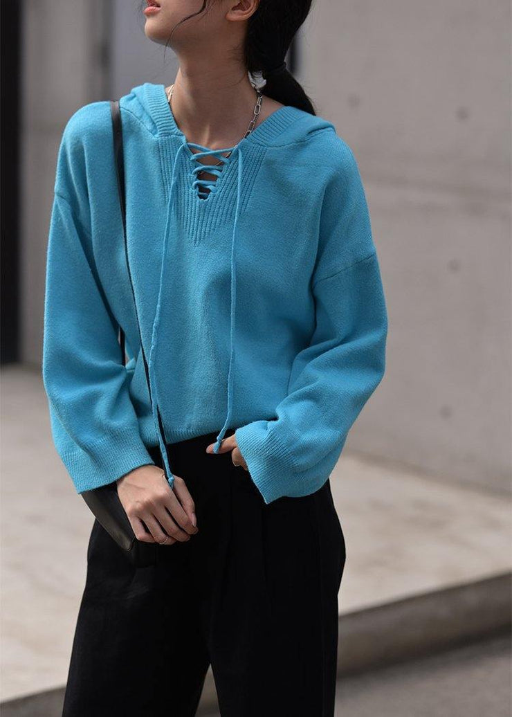 Aesthetic blue Sweater Blouse hooded drawstring casual knitwear - bagstylebliss