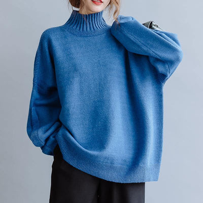 Aesthetic blue knitted pullover high neck plus size clothing fall knit sweat tops - bagstylebliss