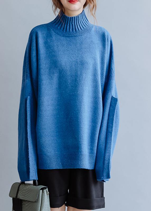 Aesthetic blue knitted pullover high neck plus size clothing fall knit sweat tops - bagstylebliss