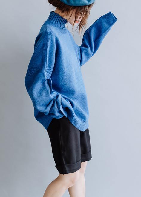 Aesthetic blue knitted pullover high neck plus size clothing fall knit sweat tops - bagstylebliss