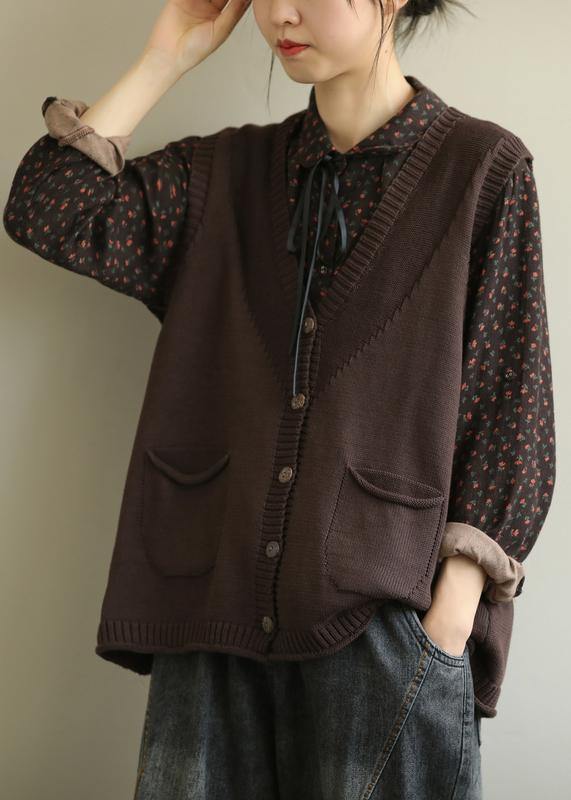 Aesthetic chocolate casual v neck sleeveless knit outwear - bagstylebliss
