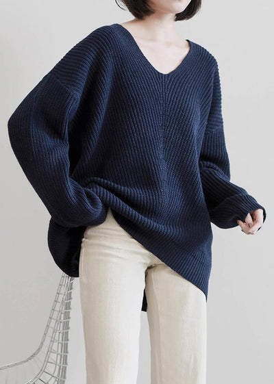 Aesthetic dark blue sweater tops v neck Batwing Sleeve casual knit tops - bagstylebliss