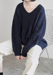 Aesthetic dark blue sweater tops v neck Batwing Sleeve casual knit tops - bagstylebliss