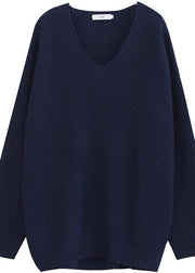 Aesthetic dark blue sweater tops v neck Batwing Sleeve casual knit tops - bagstylebliss