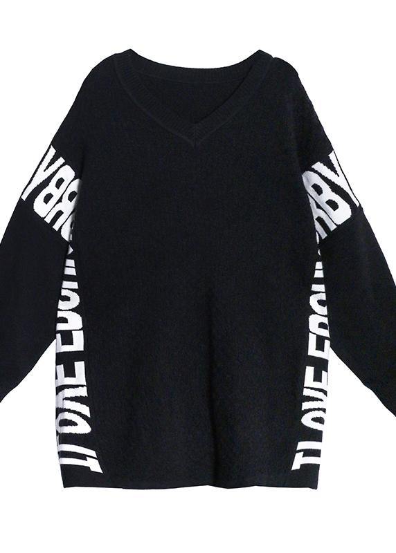 Aesthetic fall black Letter sweaters casual o neck knitted t shirt - bagstylebliss