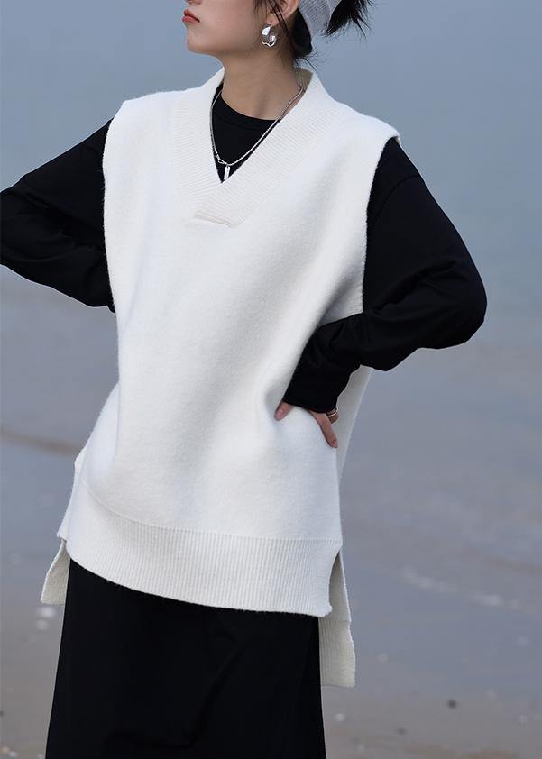 Aesthetic fall white knit sweat tops oversized v neck low high design tops - bagstylebliss