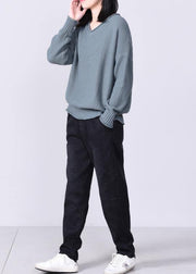 Aesthetic gray blue knit pullover oversized v neck sweaters autumn - bagstylebliss