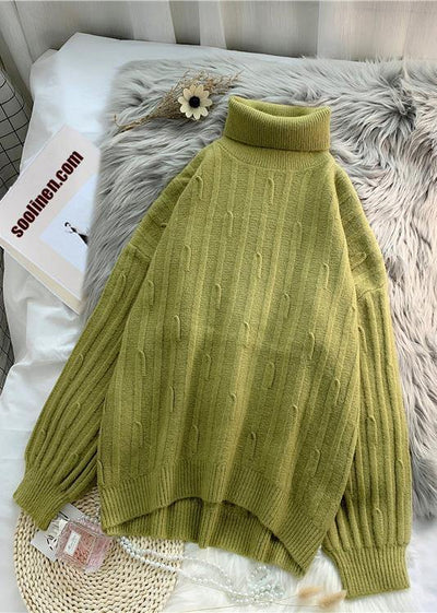 Aesthetic green Blouse cable casual high neck knitwear - bagstylebliss