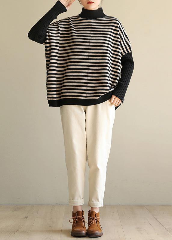 Aesthetic half high neck striped knit tops Loose fitting patchwork box top - bagstylebliss