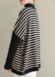 Aesthetic half high neck striped knit tops Loose fitting patchwork box top - bagstylebliss