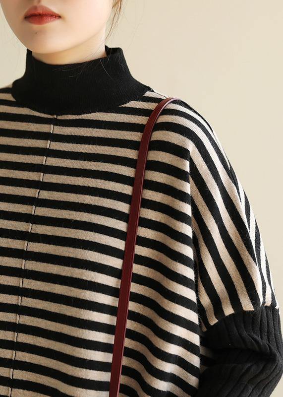 Aesthetic half high neck striped knit tops Loose fitting patchwork box top - bagstylebliss