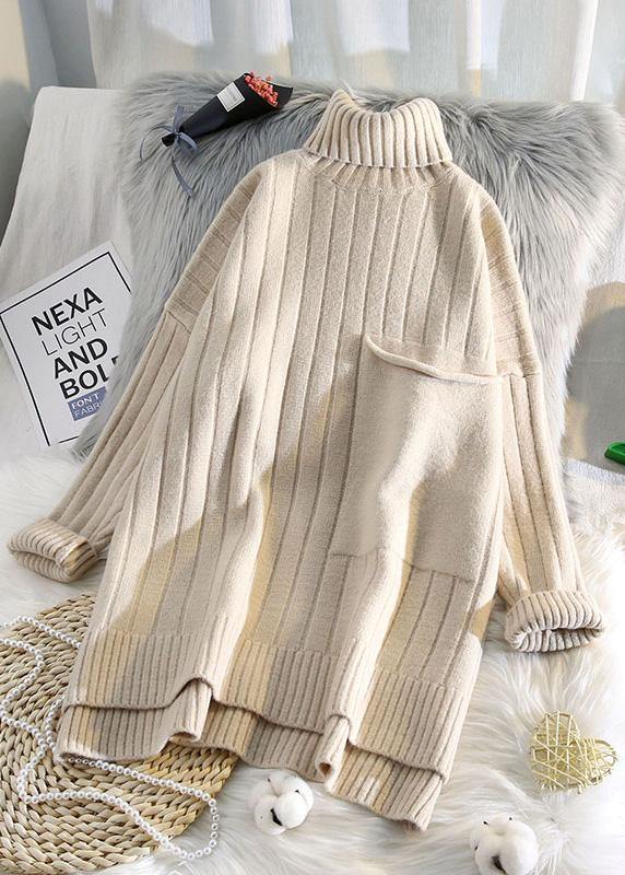 Aesthetic high neck beige knit sweat tops spring fashion low high designknit blouse - bagstylebliss