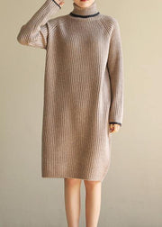 Aesthetic khaki Sweater dress outfit plus size wild tunic high lapel collar knit dress - bagstylebliss