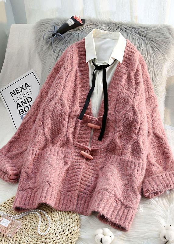 Aesthetic knitwear Loose fitting pink v neck pockets knit cardigans - bagstylebliss