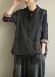 Aesthetic knitwear plus size dark gray v neck sleeveless knitted jackets - bagstylebliss