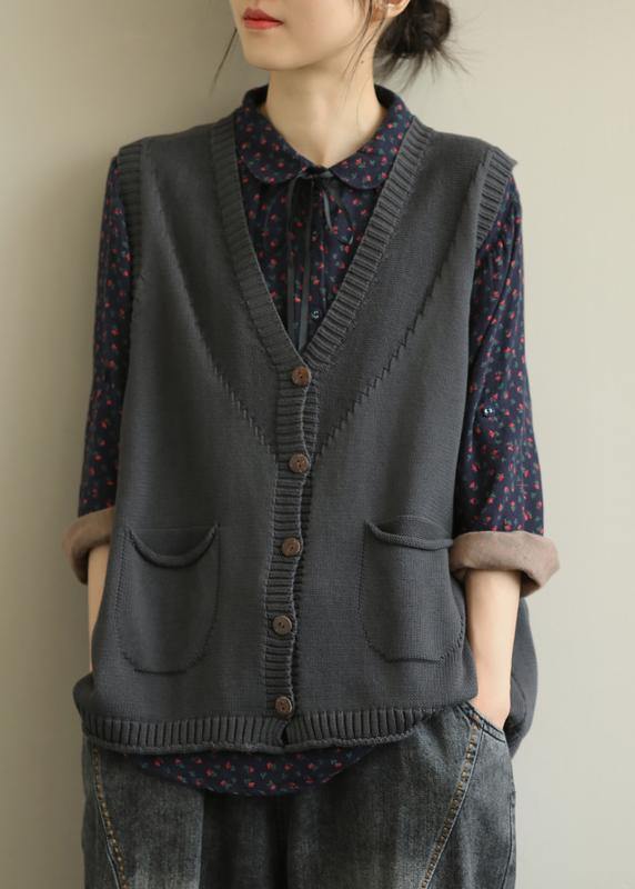 Aesthetic knitwear plus size dark gray v neck sleeveless knitted jackets - bagstylebliss