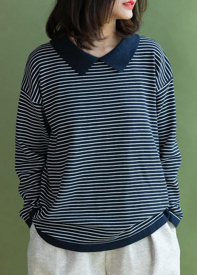 Aesthetic navy striped knitted t shirt lapel collar Loose fitting knitted blouse - bagstylebliss