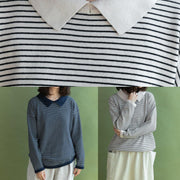 Aesthetic navy striped knitted t shirt lapel collar Loose fitting knitted blouse - bagstylebliss