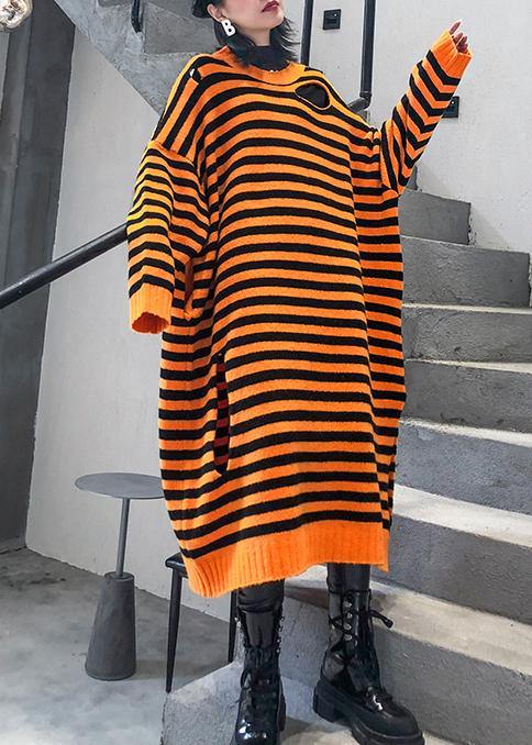 Aesthetic o neck Hole Sweater fall dress DIY orange striped daily knitted dress - bagstylebliss