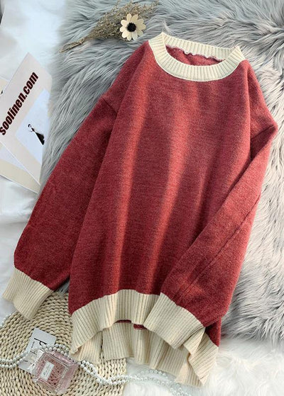Aesthetic o neck patchwork knitted blouse oversized low high design Sweater Blouse - bagstylebliss
