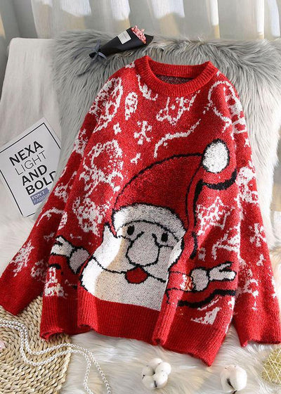 Aesthetic o neck red knit tops oversize Santa Claus top - bagstylebliss