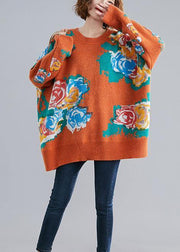 Aesthetic orange print knit tops o neck plus size knitwear - bagstylebliss