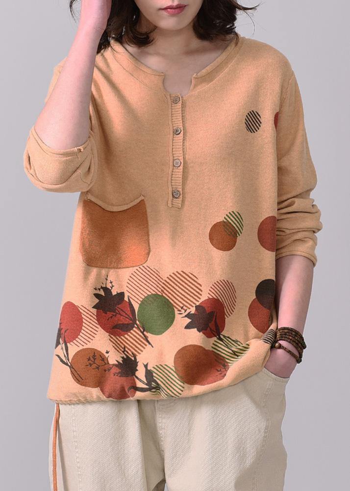 Aesthetic orange yellow prints sweaters oversize long sleeve knitted t shirt v neck - bagstylebliss