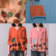 Aesthetic orange yellow prints sweaters oversize long sleeve knitted t shirt v neck - bagstylebliss