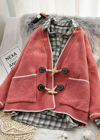 Aesthetic pink knit coats oversized v neck Horn buckle knit outwear - bagstylebliss