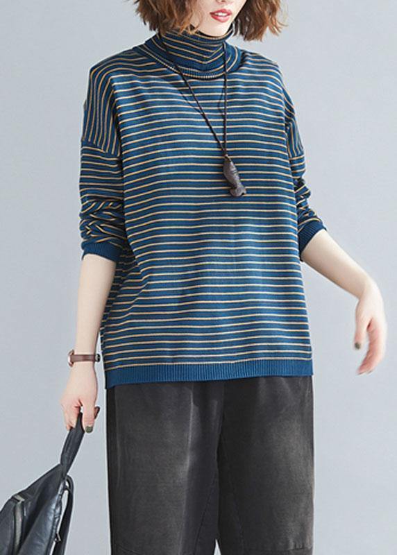 Aesthetic spring blue striped knit tops plus size clothing high neck clothes For Women - bagstylebliss
