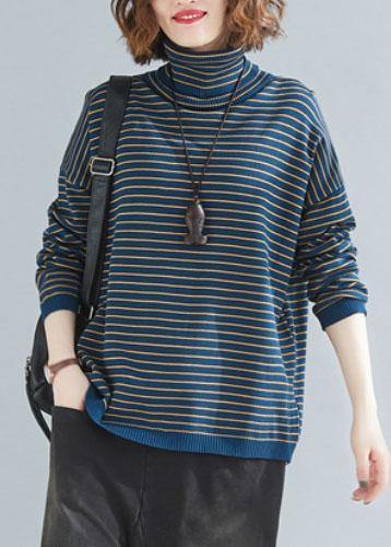 Aesthetic spring blue striped knit tops plus size clothing high neck clothes For Women - bagstylebliss