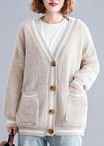 Aesthetic v neck beige knit outwear oversized fall - bagstylebliss