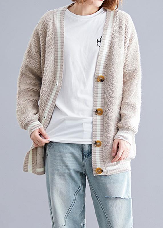 Aesthetic v neck beige knit outwear oversized fall - bagstylebliss