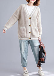 Aesthetic v neck beige knit outwear oversized fall - bagstylebliss