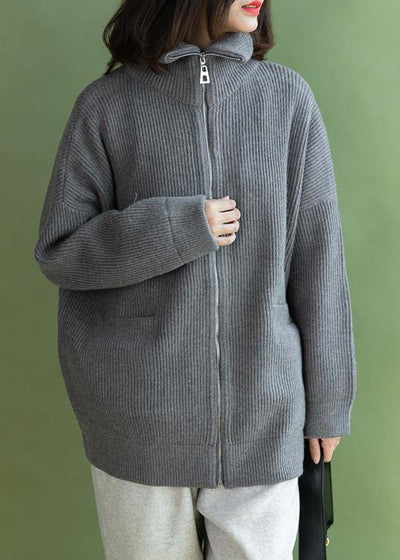 Aesthetic winter knitted coat casual gray zippered - bagstylebliss