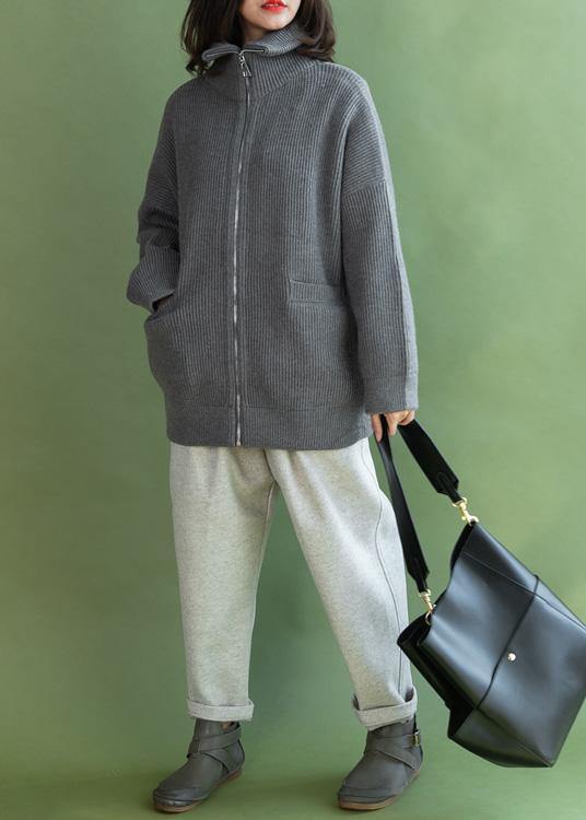 Aesthetic winter knitted coat casual gray zippered - bagstylebliss