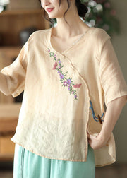 Apricot Asymmetrical Drawstring Linen T Shirt Half Sleeve