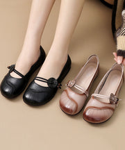 Apricot Flats Cowhide Leather Beautiful Buckle Strap Flat Shoes