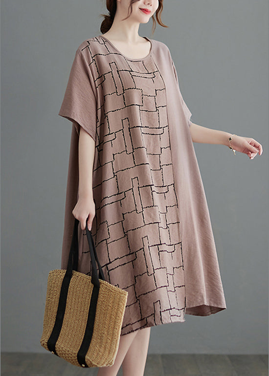 Apricot Loose Cotton Dress O-Neck Short Sleeve