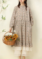 Apricot Pockets Patchwork Cotton Dress O Neck Long Sleeve