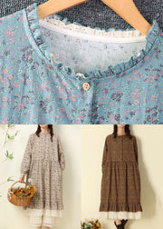 Apricot Pockets Patchwork Cotton Dress O Neck Long Sleeve