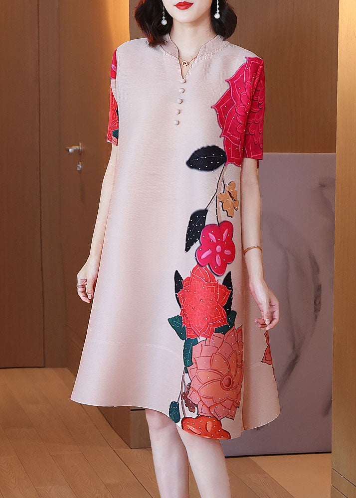 Apricot Print Silk A Line Dress Stand Collar Wrinkled Short Sleeve