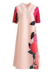 A-Linienkleid aus Seide mit Apricot-Print, Stehkragen, faltig, kurze Ärmel